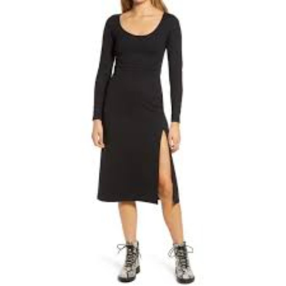 Leith Scoop Neck Long Sleeve Midi Dress Side Slit